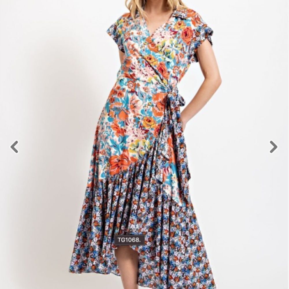 NEW! Boho Floral Long Ruffled Faux Wrap Dress with Tie Side and Snap Button